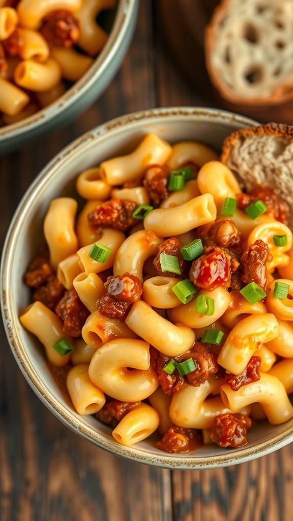 A bowl of Chili Mac and Cheese with macaroni, chili, and cheese, garnished with green onions, on a rustic table with bread.